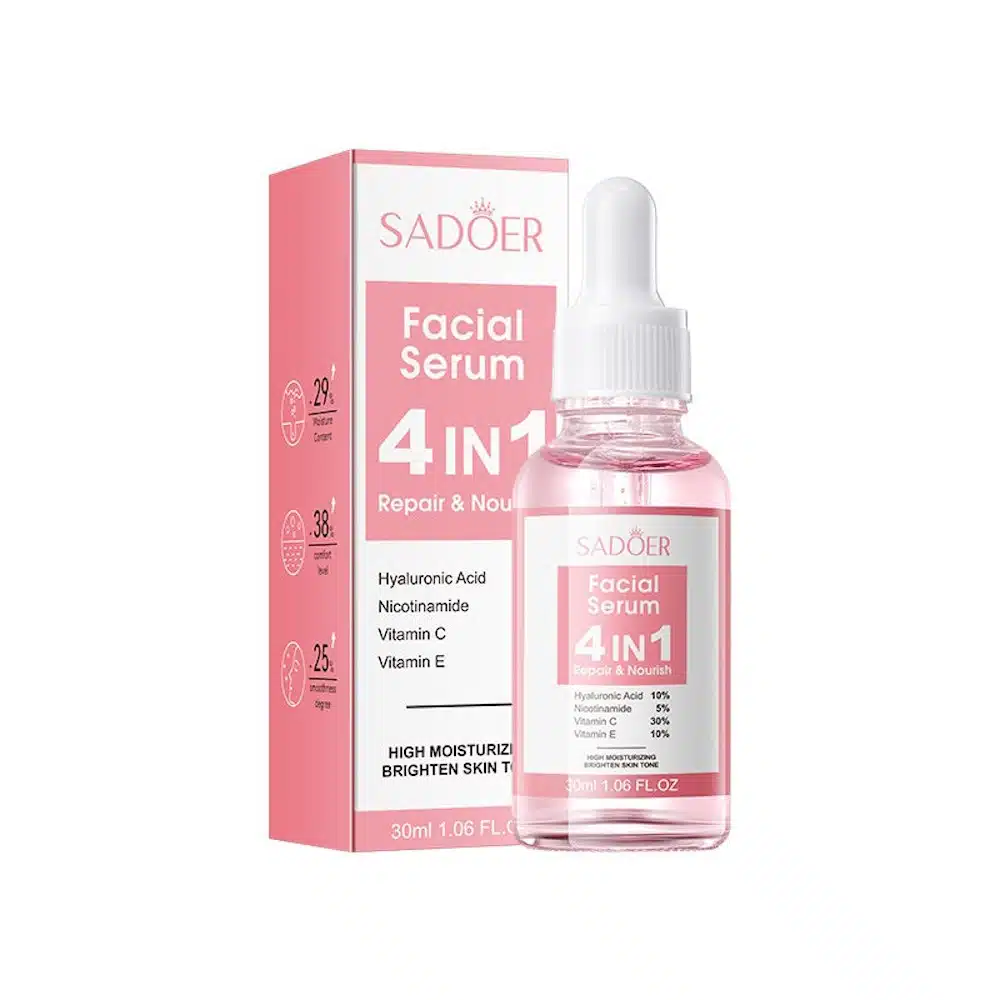 Sadoer 4-in-1 facial serum in a golden dropper bottle, clearly showing the 30ml product label. - thumbnail