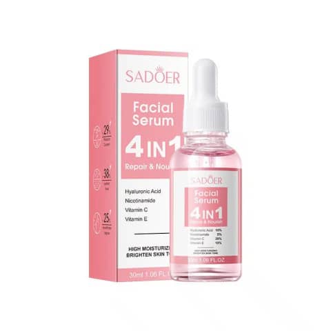 Sadoer 4-in-1 facial serum in a golden dropper bottle, clearly showing the 30ml product label.