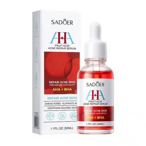 Sadoer AHA + BHA Fruit Acid Acne Repair Serum, light yellow liquid in a clear dropper bottle.