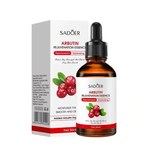 Sadoer Arbutin Rejuvenation Essence 30ml in a clear glass dropper bottle with white cap.