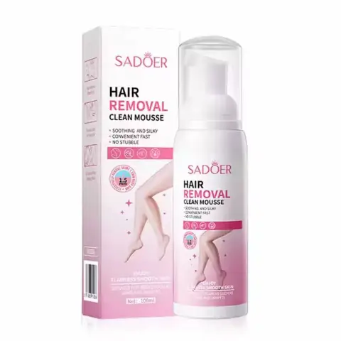 Sadoer Hair Removal Clean Mousse 100ml spray can, white and pink, upright on white background.