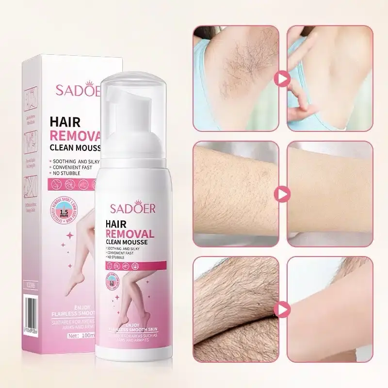 Sadoer Hair Removal Mousse can with pump and pink-tipped spatula on white background. - thumbnail