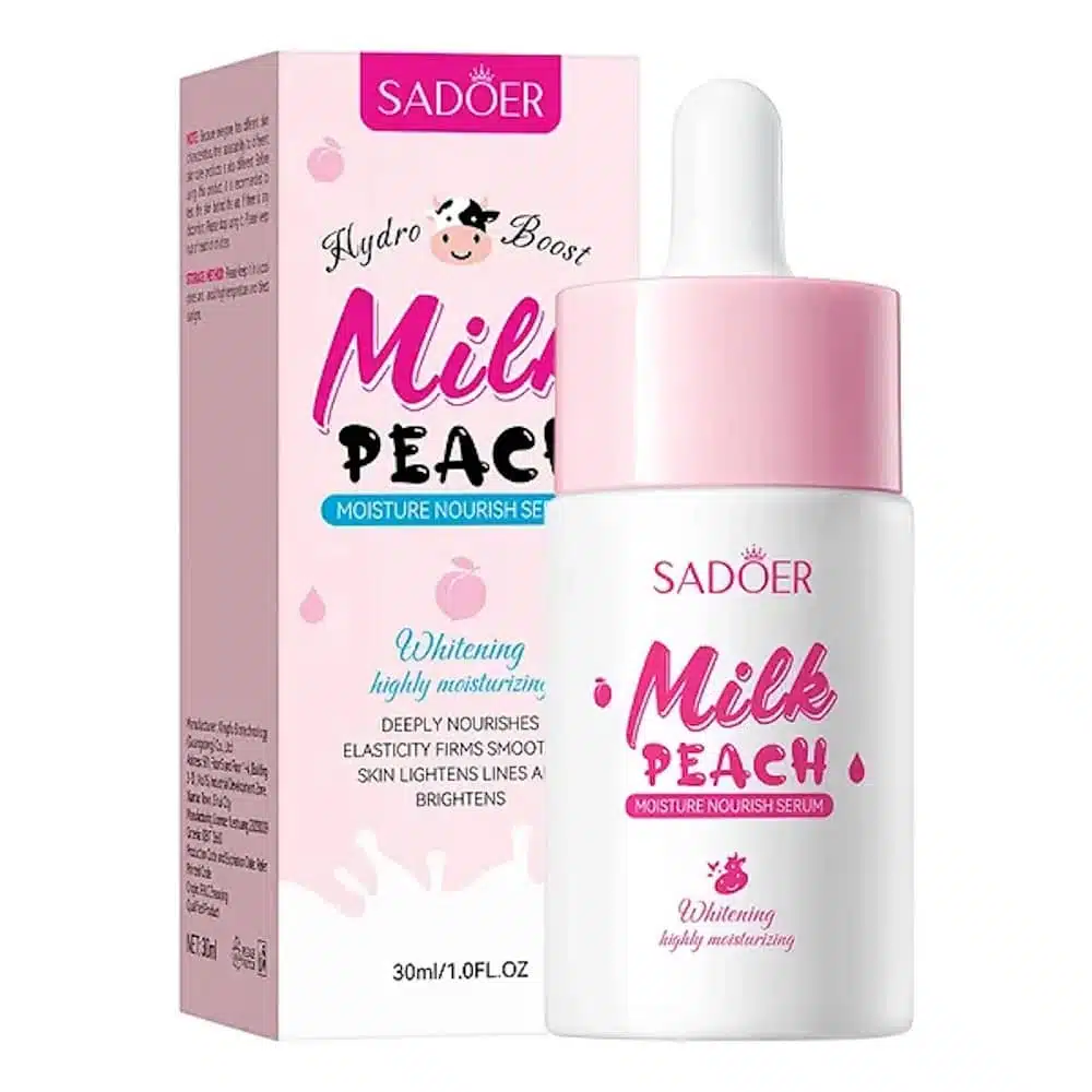 Front-facing Sadoer Hydro Boost Milk Peach Serum 30ml bottle with white pump cap on a clean background. - thumbnail