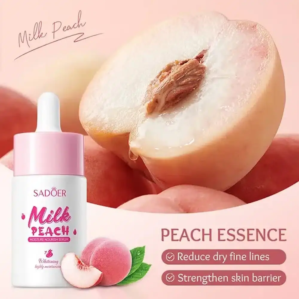Angled close-up view of the Sadoer Hydro Boost Milk Peach Serum bottle, highlighting the pump cap. - thumbnail