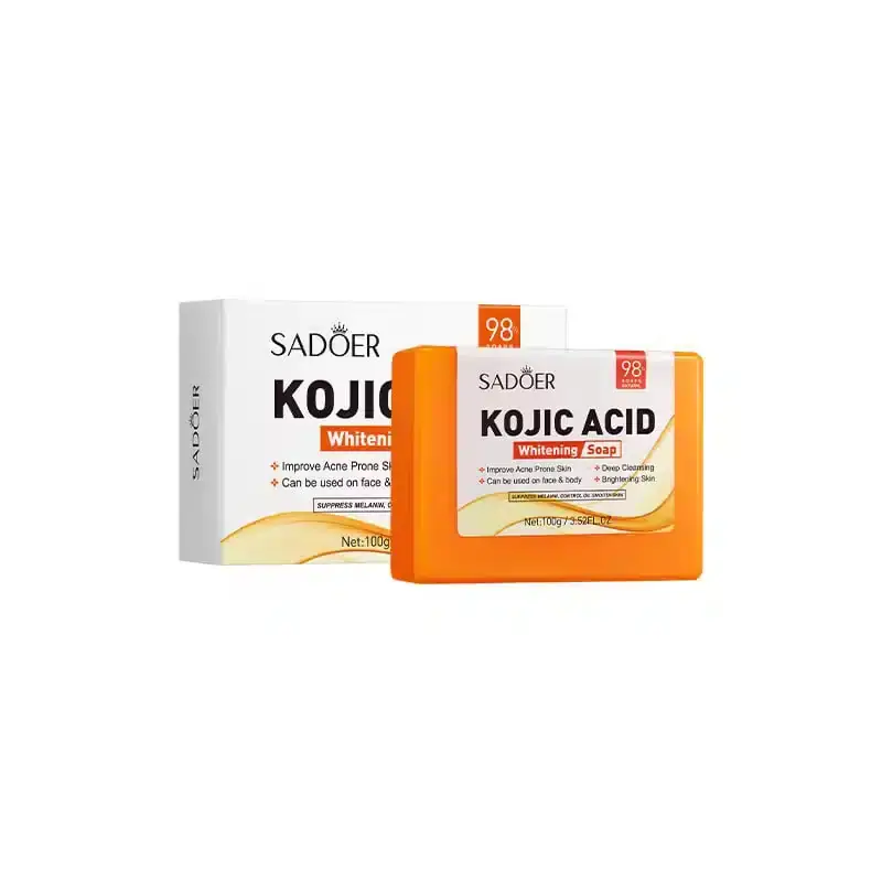 Sadoer Kojic Acid Whitening Soap 100g in its vibrant orange and white retail box, front view. - thumbnail
