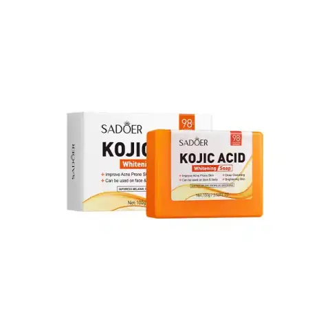 Sadoer Kojic Acid Whitening Soap 100g in its vibrant orange and white retail box, front view.