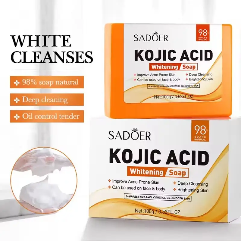 Close-up of Sadoer Kojic Acid Whitening Soap 100g box, highlighting product benefits and branding. - thumbnail