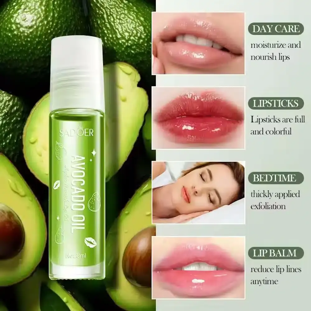 Sadoer Avocado Lip Oil tube angled, showing the doe-foot applicator glistening with oil. - thumbnail