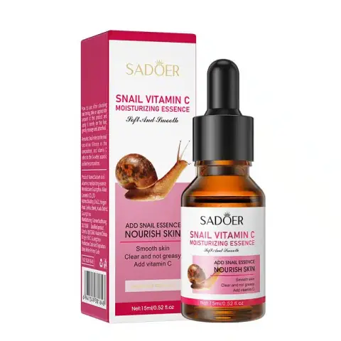 Sadoer Snail Vitamin C Moisturizing Essence 15ml clear glass pump bottle with vibrant label.