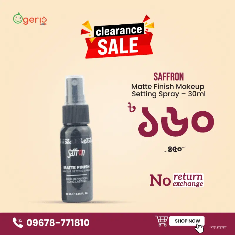 RuSu Saffron Matte Finish Makeup Setting Spray, 30ml bottle, clear, saffron liquid, matte black cap.