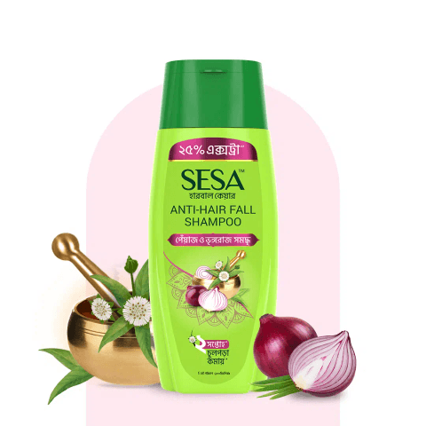 Sesa Onion Shampoo 100ml bottle, dark amber, white cap, with anti-hair fall herbal ingredients label.