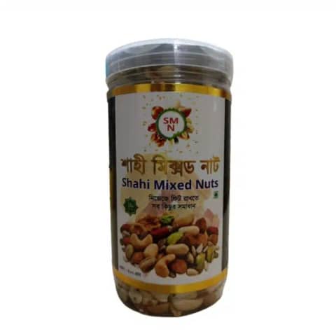 Transparent RuSu Shahi Mixed Nuts 500gm pouch, displaying premium almonds, cashews, pistachios, and walnuts.