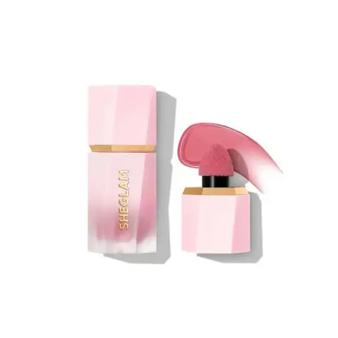 Sheglam Color Bloom Liquid Blush in Love Cake, standing upright with clear tube and rose gold cap.