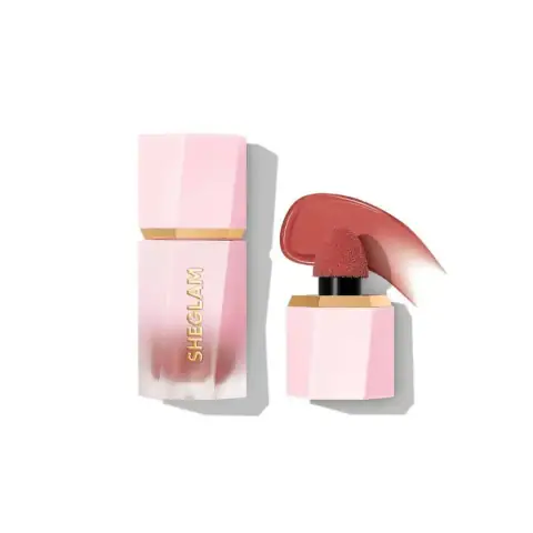 Sheglam Color Bloom Liquid Blush in Risky Business, vibrant coral pink with applicator, standing upright.