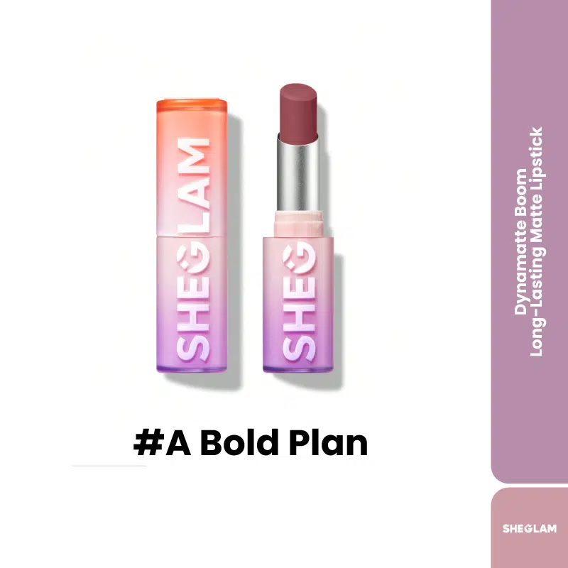 Sheglam Dynamatte Boom long-lasting matte lipstick, 'A Bold Plan', in sleek black and gold packaging.
