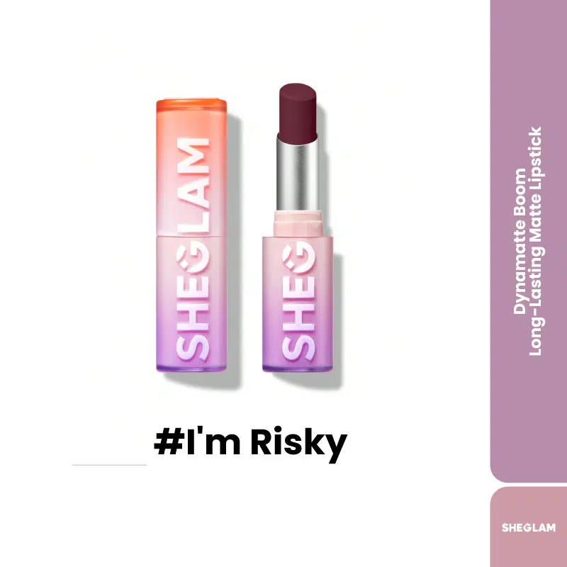 Sheglam Dynamatte Boom "I'm Risky" long-lasting matte lipstick in sleek black and rose gold tube.