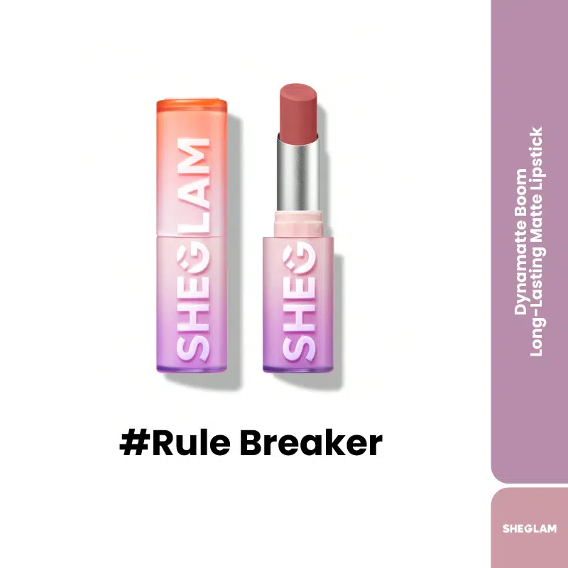 Sheglam Dynamatte Boom Rule Breaker long-lasting matte lipstick, rich extended berry-brown shade, sleek black packaging.
