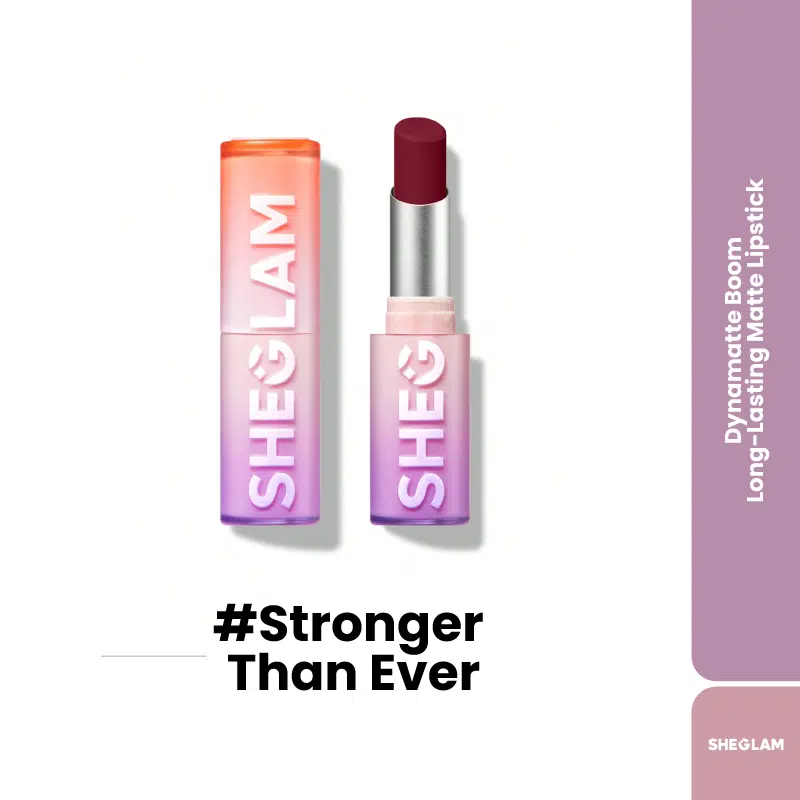 Three Sheglam Dynamatte Boom matte lipsticks in sleek black and gold packaging, standing upright.