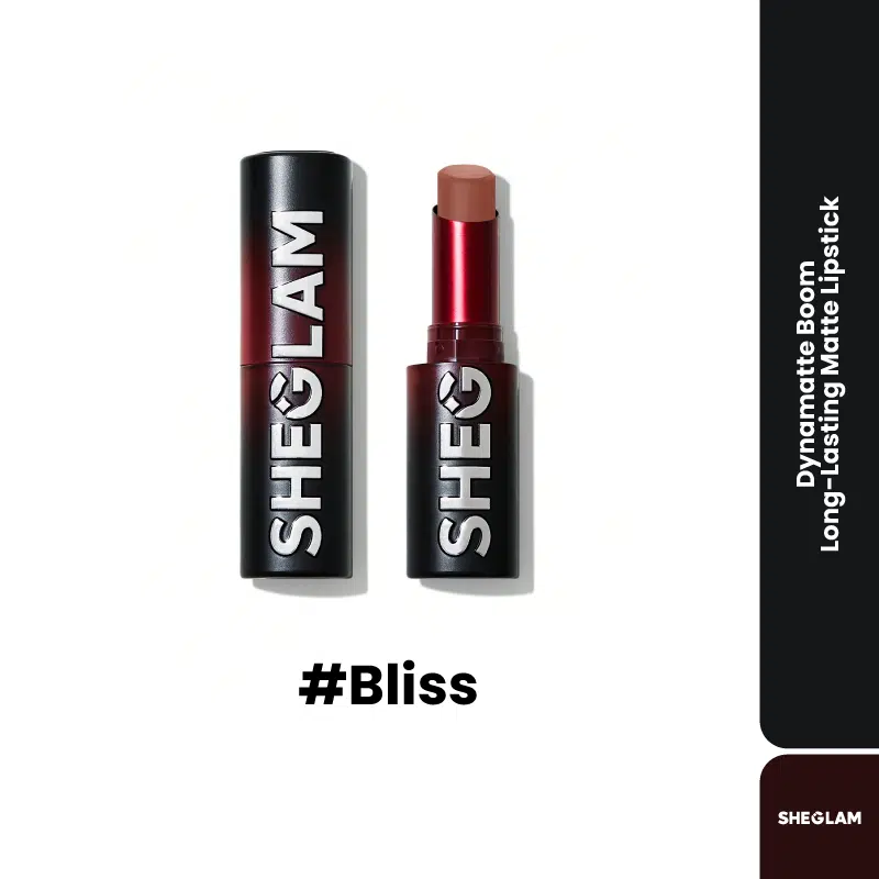 Sheglam Ember Rose long-lasting matte lipstick, open with extended angled dark rose bullet.