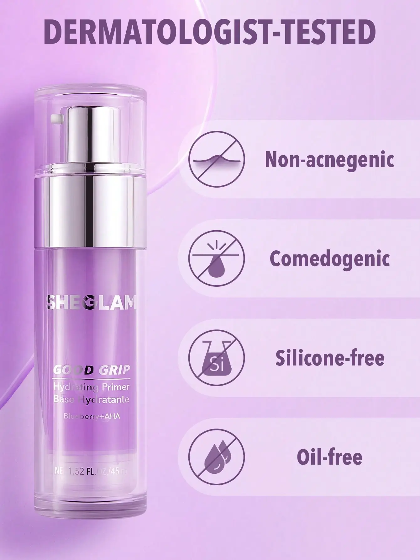 Tilted Sheglam Good Grip Hydrating Primer bottle, blueberry + Aha, light purple packaging detail. - thumbnail