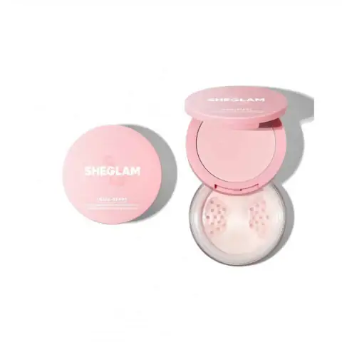 Sheglam Insta-Ready Bubblegum pink setting powder duo compact, closed, displayed on white background.