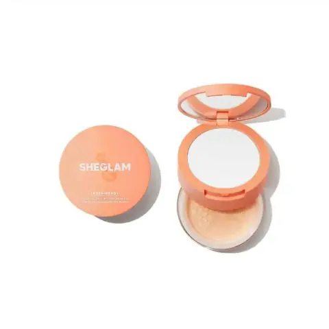 Sheglam Insta-Ready Face & Under Eye Setting Powder Duo, sleek rose gold compact packaging, closed on white.