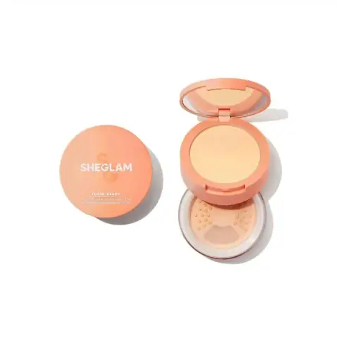 Open Sheglam Insta-Ready Face & Under Eye Setting Powder Duo in "Toasted Almond" with applicator.