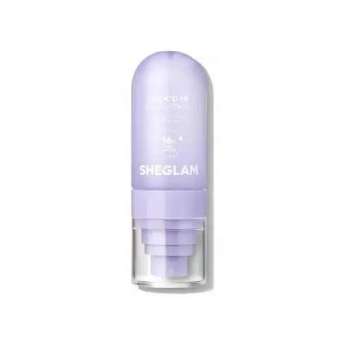 Front view of Sheglam Lock’d In Setting Spray in a clear 55ml bottle with a vibrant pink cap.