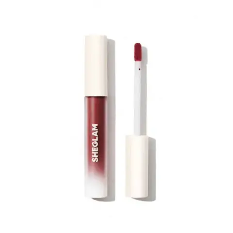 SHEGLAM Matte Liquid Lipstick Damsel tube, clear bottom showcasing the vibrant reddish-pink color.