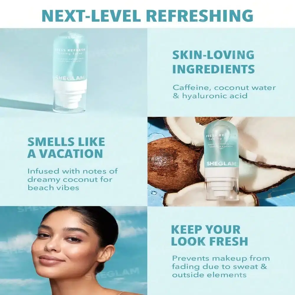 Two Sheglam Press Refresh Setting Spray bottles, one standing, one lying horizontally showing side. - thumbnail