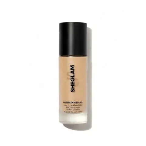 Sheglam Pro Long Lasting Matte Foundation in Honey shade, clear pump bottle standing upright.