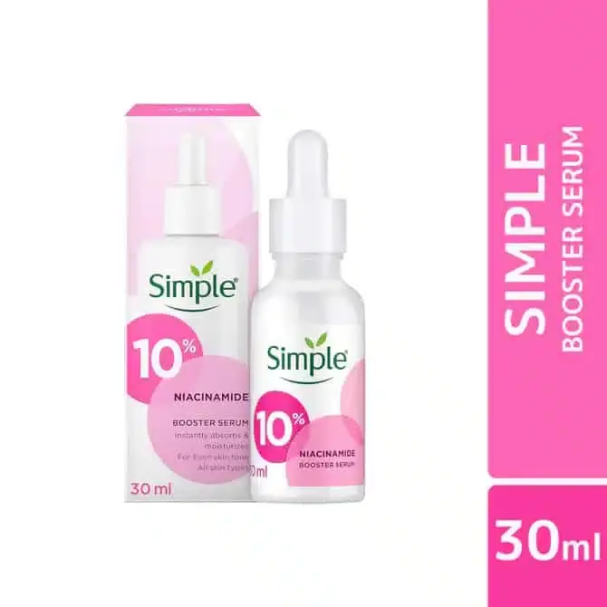 Front view of Simple Booster Serum 10% Niacinamide in a white 30ml dropper bottle with blue text. - thumbnail