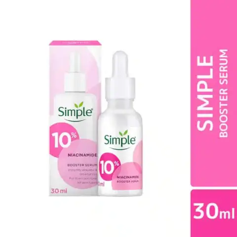Front view of Simple Booster Serum 10% Niacinamide in a white 30ml dropper bottle with blue text.