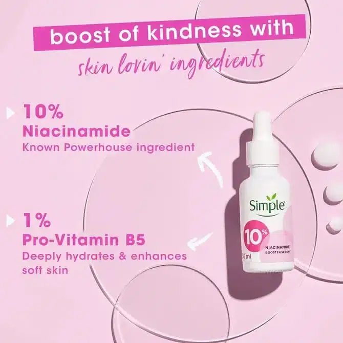 Hand holding the Simple Booster Serum 10% Niacinamide 30ml white bottle with dropper. - thumbnail