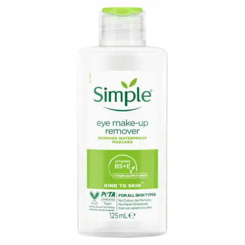 Simple Kind to Skin Eye Makeup Remover 125ml in clear bottle with blue liquid, white cap.