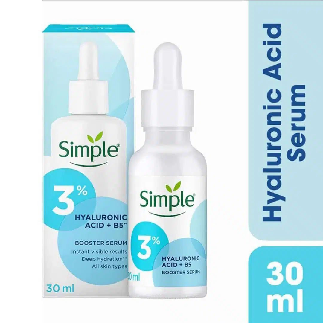 Simple Hyaluronic Acid & B5 Booster Serum 30ml white bottle, light blue cap, front view with box. - thumbnail