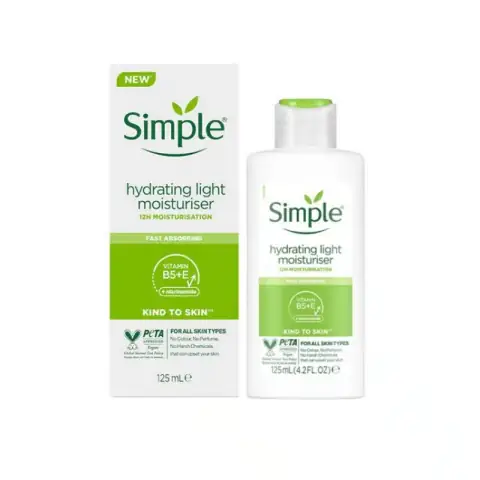 Simple Kind to Skin Hydrating Light Moisturiser in a white bottle with a green cap, standing upright.