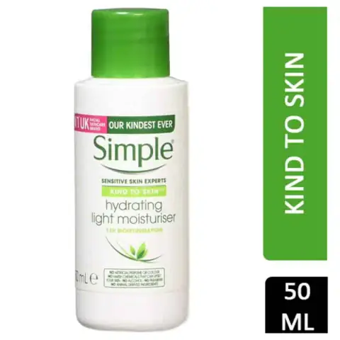 Simple Hydrating Light Moisturiser 50ml bottle, white with distinctive green cap, standing upright.