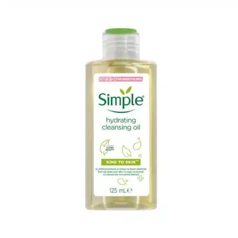 Simple Kind to Skin Hydrating Cleansing Oil 125ml white bottle with green accents, front view.