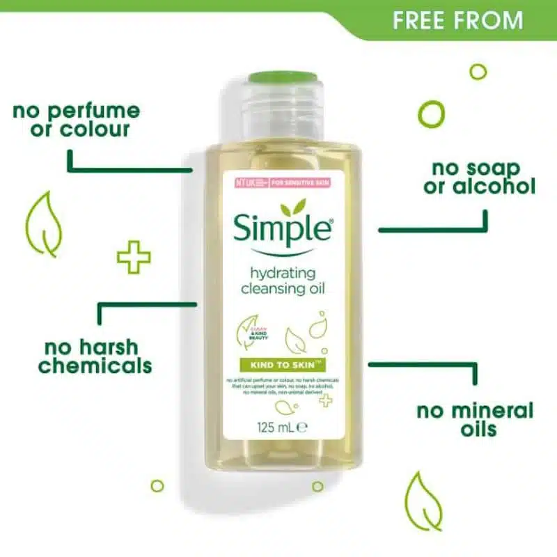 Angled close-up of Simple Kind to Skin Hydrating Cleansing Oil 125ml pump top and label. - thumbnail