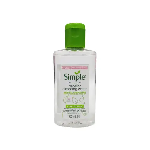 Simple Kind to Skin Micellar Cleansing Water, 100ml bottle, clear liquid, front-facing with green cap.