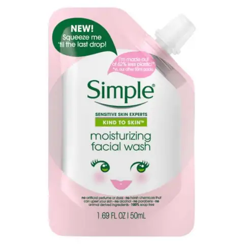 Simple Kind to Skin 50ml Moisturizing Facial Wash in white tube with green flip cap.