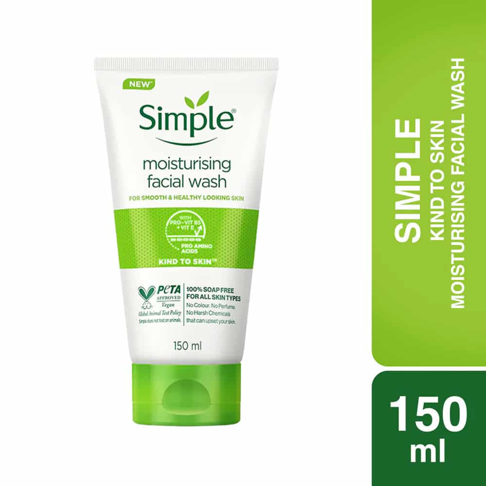 Simple Kind To Skin Moisturising Facial Wash 150ml white tube, front view, green cap. - thumbnail