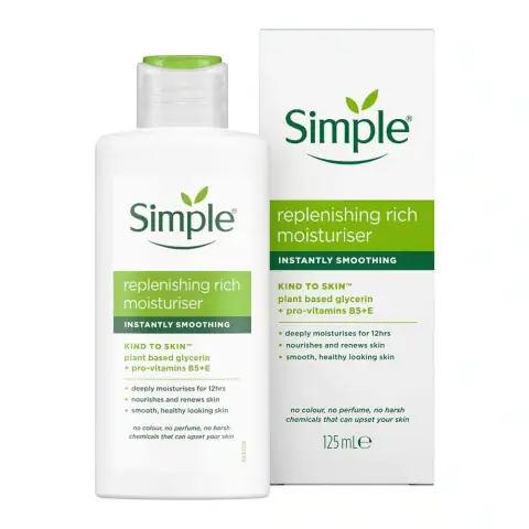 Simple Kind to Skin Replenishing Rich Moisturiser 125ml white tube with green flip-cap, front view.