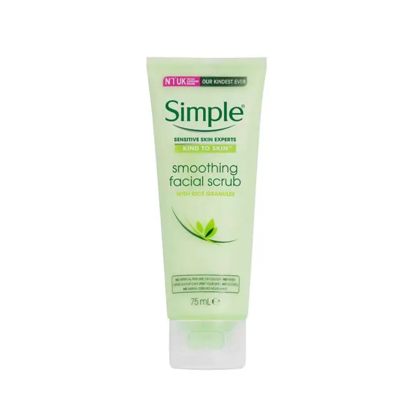 Simple Kind to Skin Smoothing Facial Scrub 75ml white tube with green cap standing front. - thumbnail
