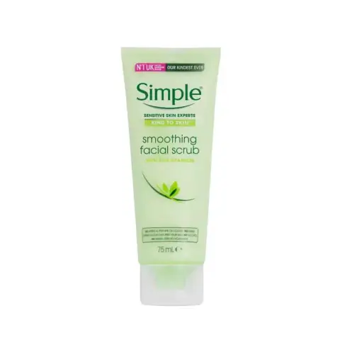 Simple Kind to Skin Smoothing Facial Scrub 75ml white tube with green cap standing front.