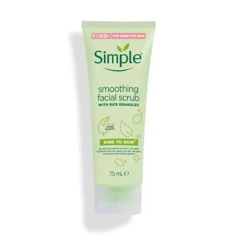 Simple Kind to Skin Smoothing Facial Scrub 75ml tube lying down, showing back details. - thumbnail