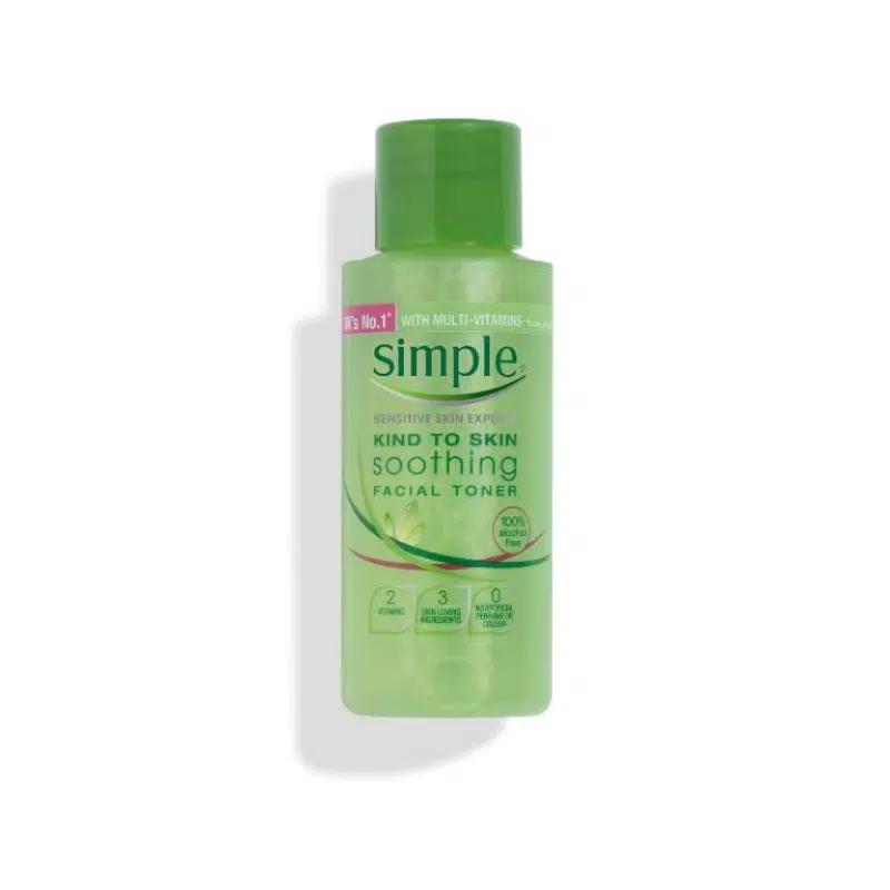 Upright Simple Kind to Skin Soothing Facial Toner 50ml bottle, white with distinctive green cap.
