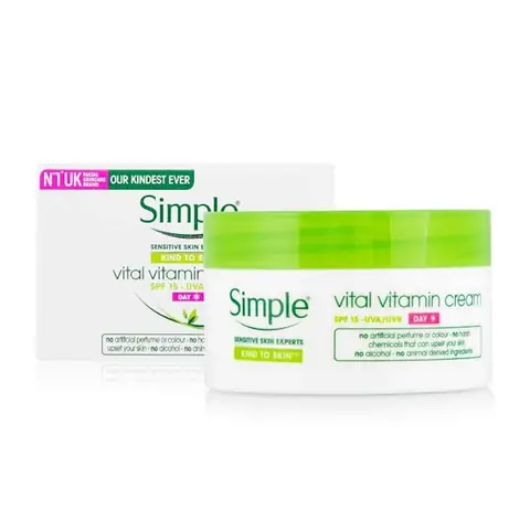 Front view of Simple Kind to Skin Vital Vitamin Day Cream SPF15 in white tube with light green cap.
