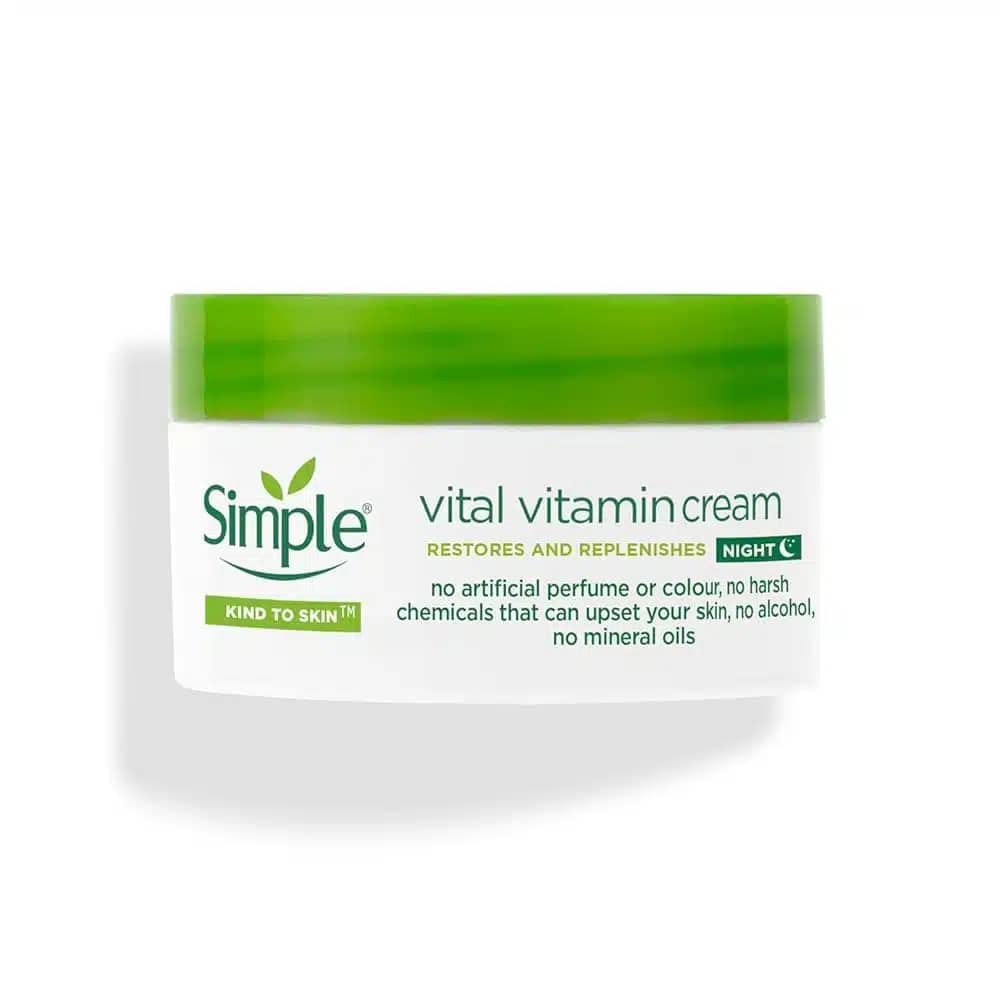 Simple Kind to Skin Vital Vitamin Night Cream 50ml, white lid, green tub, standing upright. - thumbnail